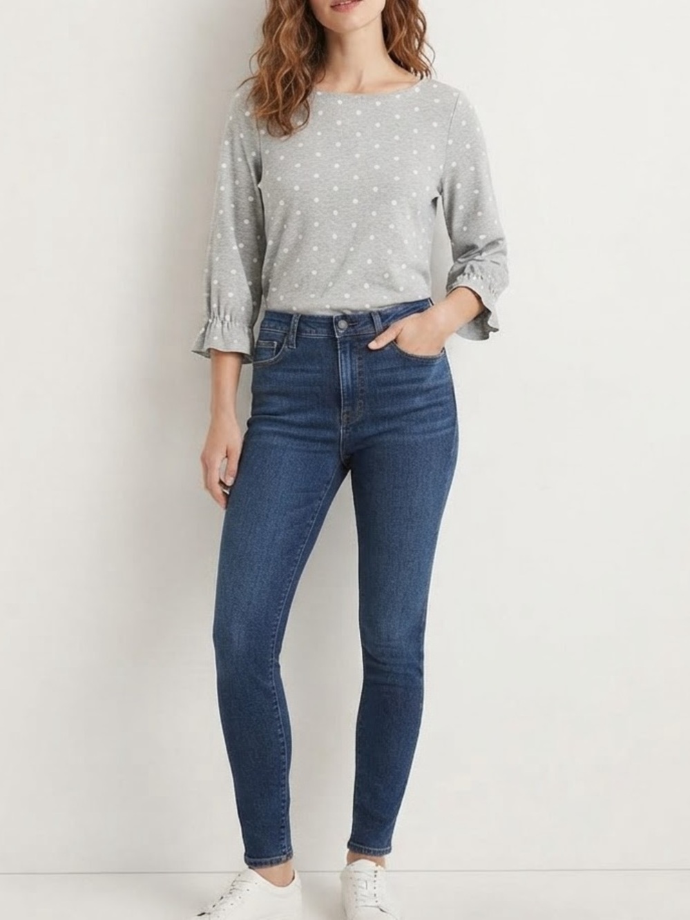Chico's Gray Polka Dot Long Sleeve Top with Ruffle Cuffs